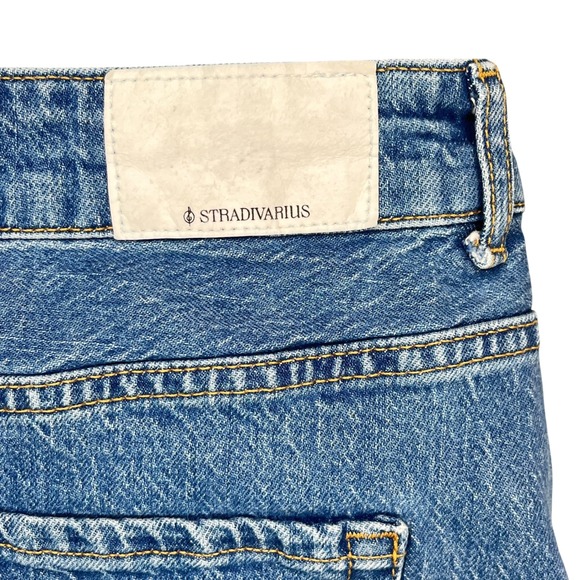 Stradivarius Denim Midi Skirt Front Slit Raw Hem Blue Jean Skirt Size‎ 12 - Picture 4 of 6